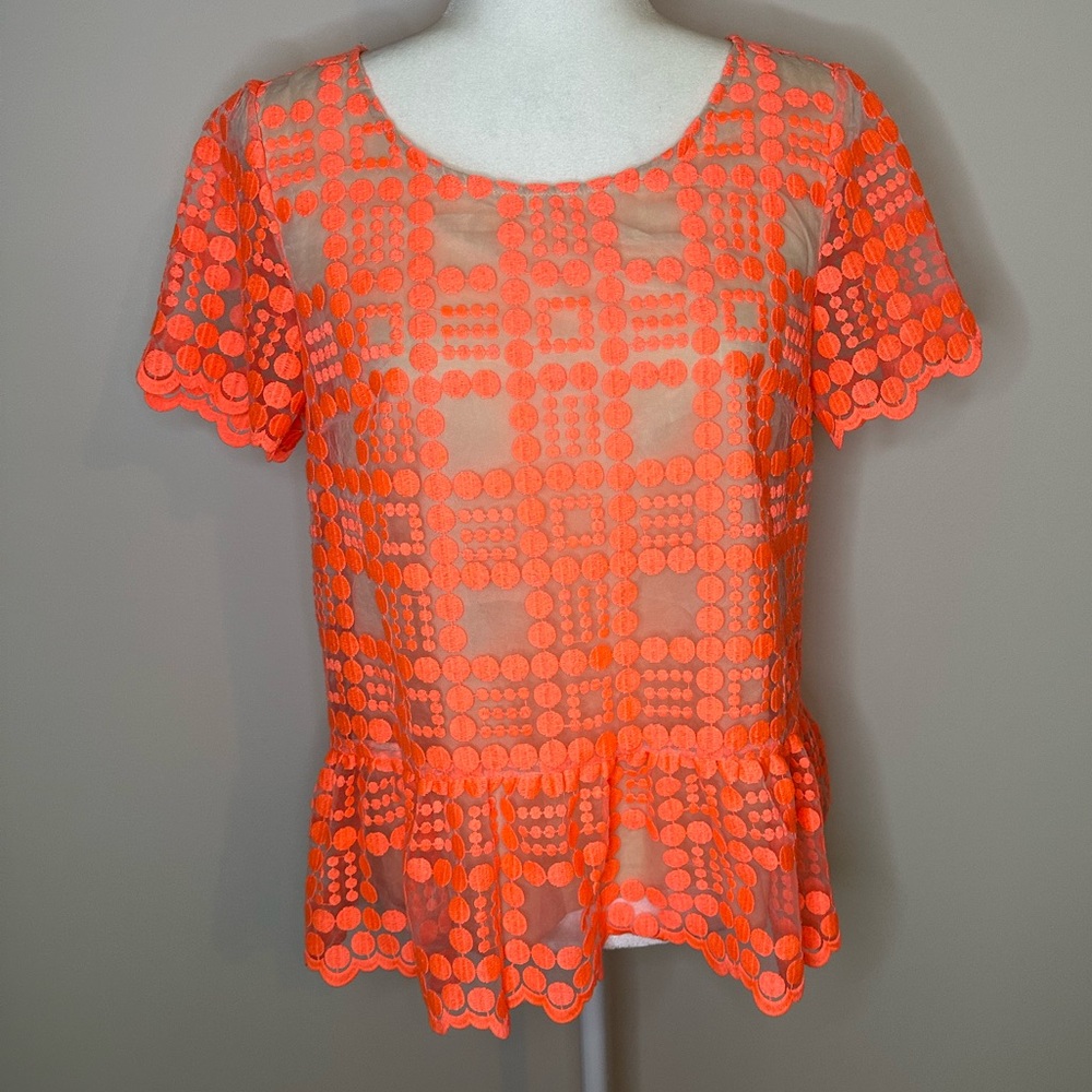 Anthropologie Leifsdottir Bright Neon Orange Lacepane Peplum Blouse Sz 8 #1005